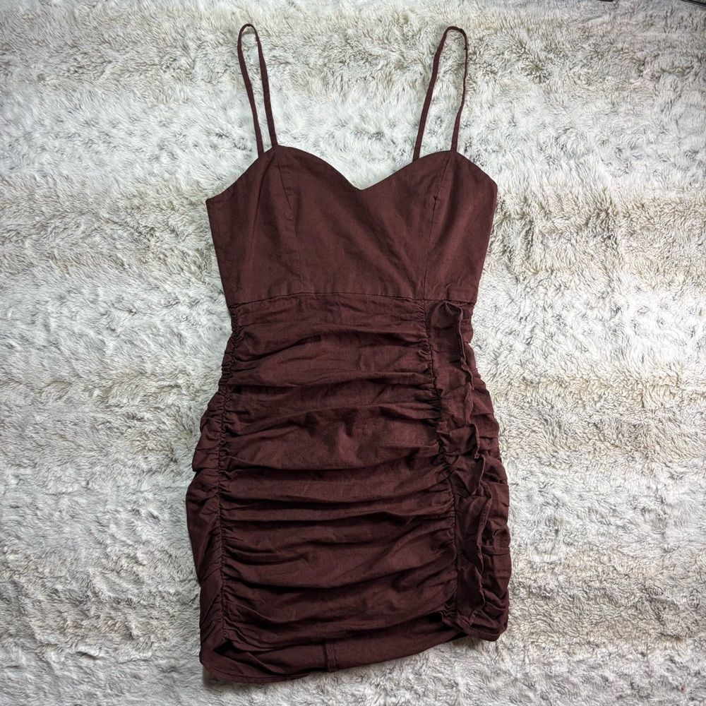 Zara Linen Blend Ruched Mini Dress Stretch Deep Brown XS